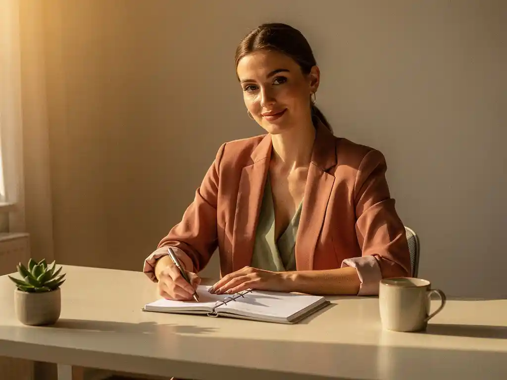 Professional woman reviewing a planner at a sunlit minimalist desk with a ceramic mug and succulent nearby.