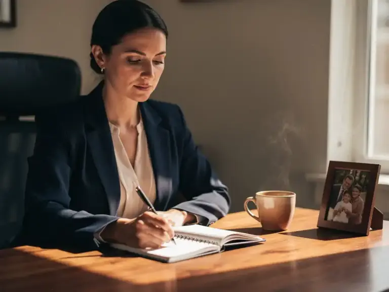 Woman in professional attire writing in a planner at a wooden desk with steaming coffee and a framed family photo in soft natural light.