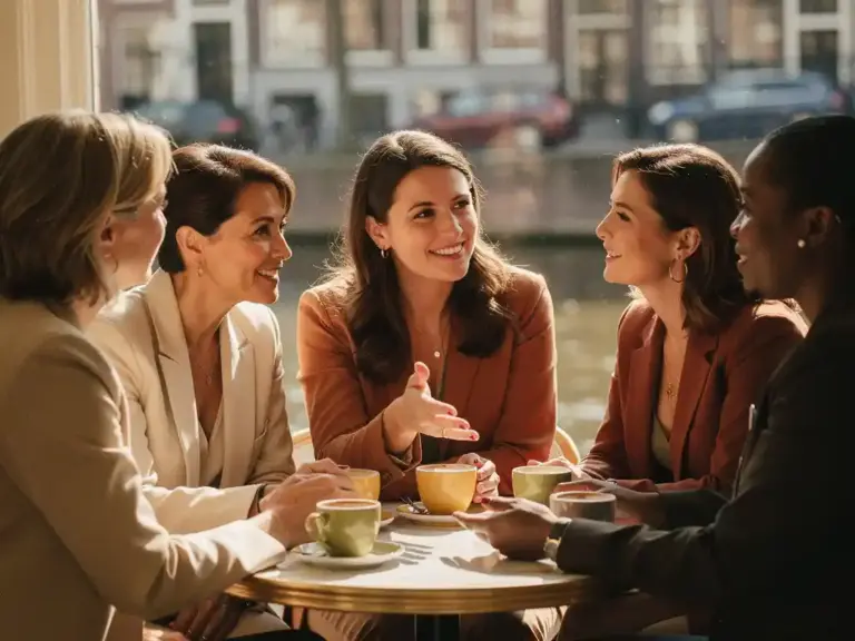 Diverse professional women in animated conversation at a sunlit Amsterdam café table, canal window glowing behind them, warm terracotta tones.