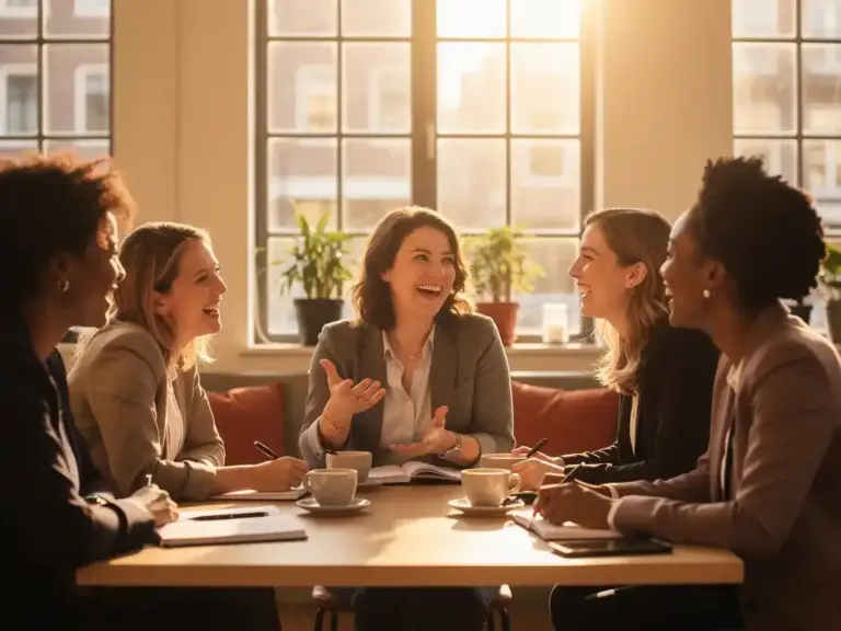 Five professional women laughing and conversing over coffee at a sunlit Amsterdam café workspace, notebooks on the table.