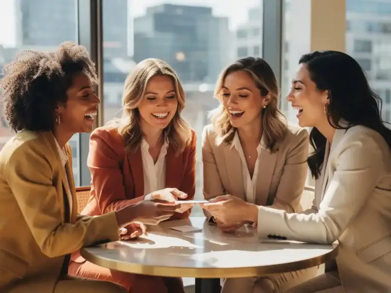 Diverse professional women exchanging business cards and laughing at a sunlit café table, city skyline visible through large windows behind them.