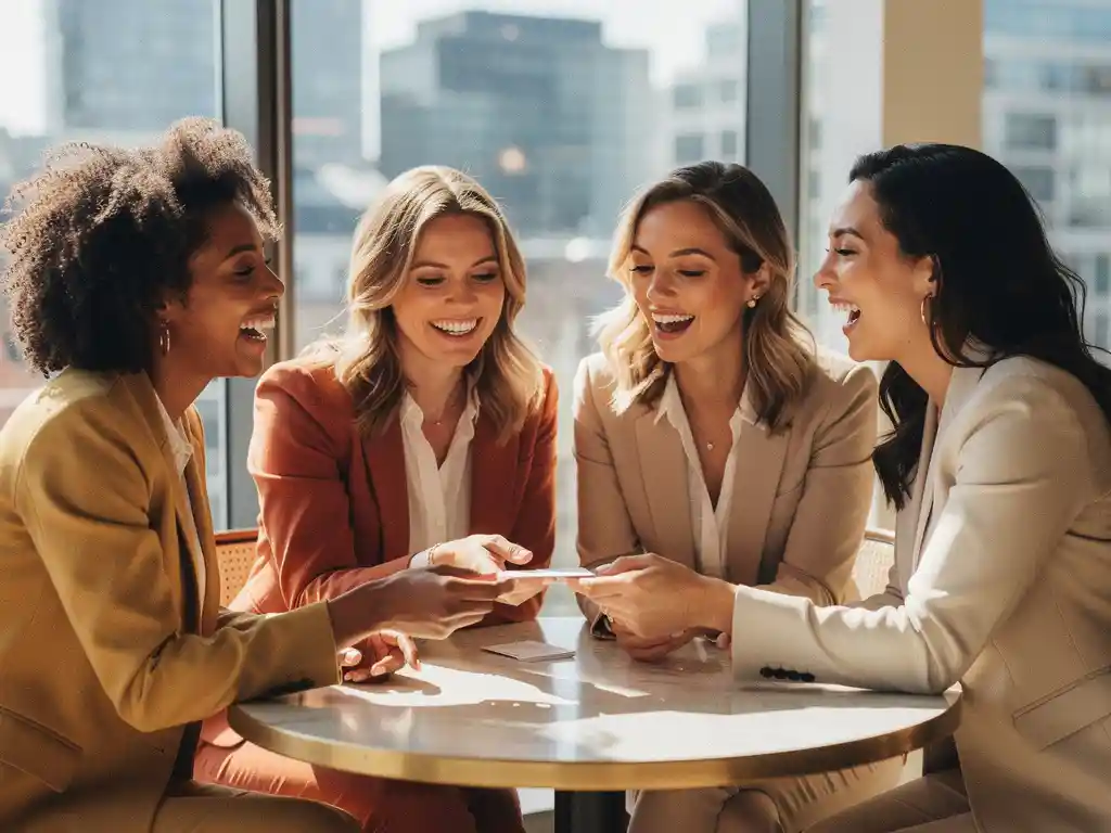 Diverse professional women exchanging business cards and laughing at a sunlit café table, city skyline visible through large windows behind them.