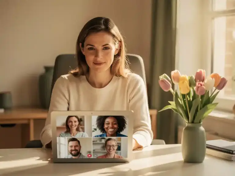 Confident woman leading a video call in a sunlit home office, diverse team visible on laptop screen, tulip bouquet nearby.