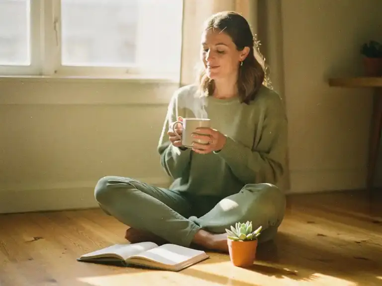 Woman solopreneur sitting cross-legged on a sunlit wooden floor, cradling a steaming mug beside an open journal and succulent plant.