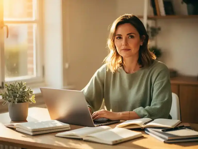 Woman in her 30s working at a sunlit wooden desk with notebooks, laptop, and potted plant in warm afternoon light.