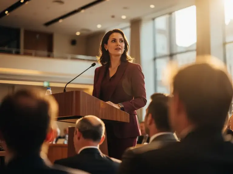 Confident woman speaking at a polished wooden podium in a modern Dutch conference hall, warm golden stage lighting highlighting her poised expression.