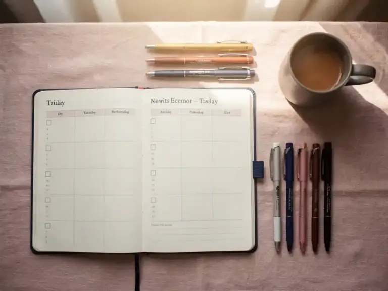 Elegant flat-lay desk with open weekly planner, colored pens, and ceramic coffee mug in warm ivory and dusty rose tones.