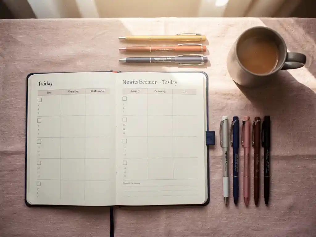 Elegant flat-lay desk with open weekly planner, colored pens, and ceramic coffee mug in warm ivory and dusty rose tones.