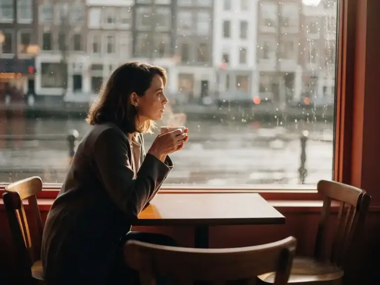 Woman cradling a warm coffee cup alone at a sunlit Amsterdam café, gazing through rain-streaked windows at a foggy canal street.