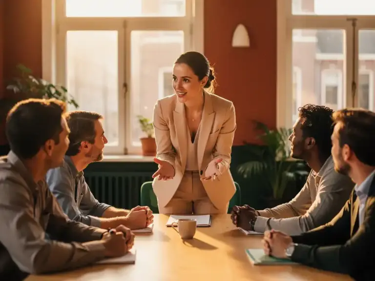 Professional woman leading a team coaching session around a light oak table in a sunlit Amsterdam office.