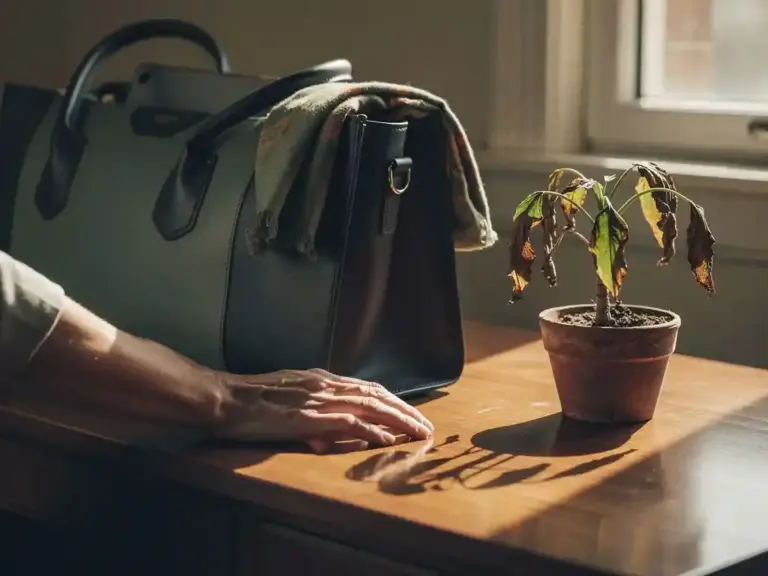 Woman's hand resting on a polished desk beside a half-packed leather tote bag, with a wilting plant nearby in warm afternoon light.