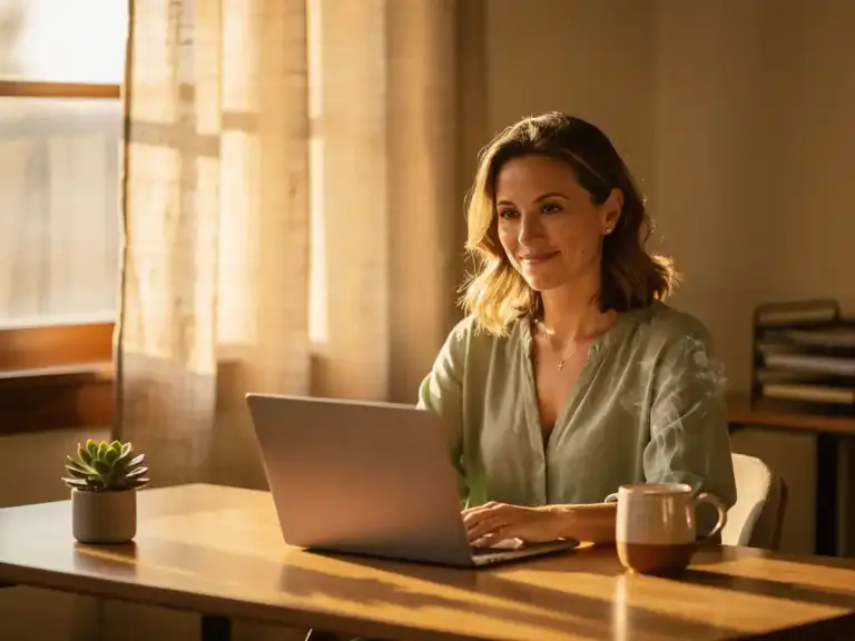 Professional woman working on laptop in sunlit home office with coffee mug, succulent, and warm ivory and terracotta tones.