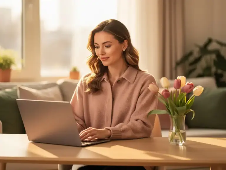 Woman working on laptop at a sunlit home desk with tulips, relaxed and focused in a warm cream and sage green workspace.