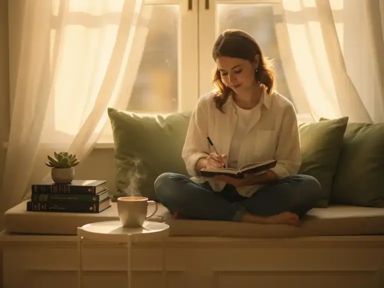 Woman writing in notebook on sunlit window seat with steaming coffee, stacked books, and small succulent in warm morning light.