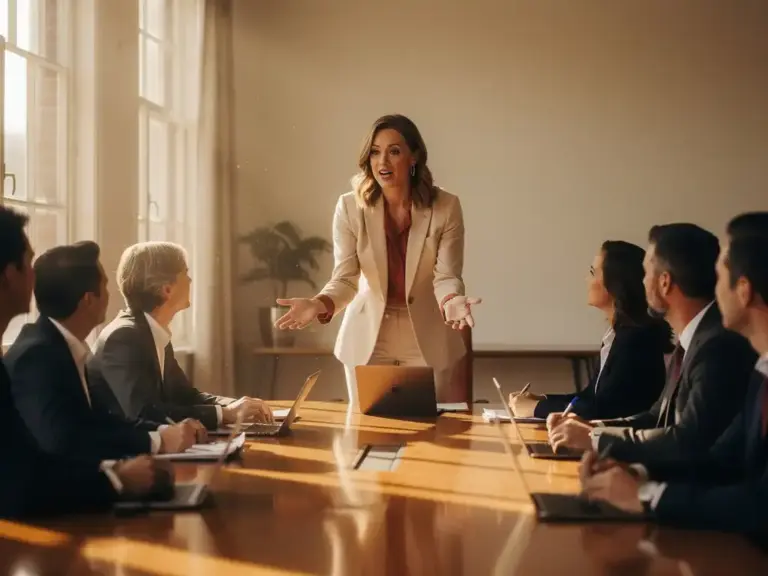 Woman leading a boardroom meeting, gesturing confidently as colleagues listen in a sunlit room with tall Dutch-style windows.