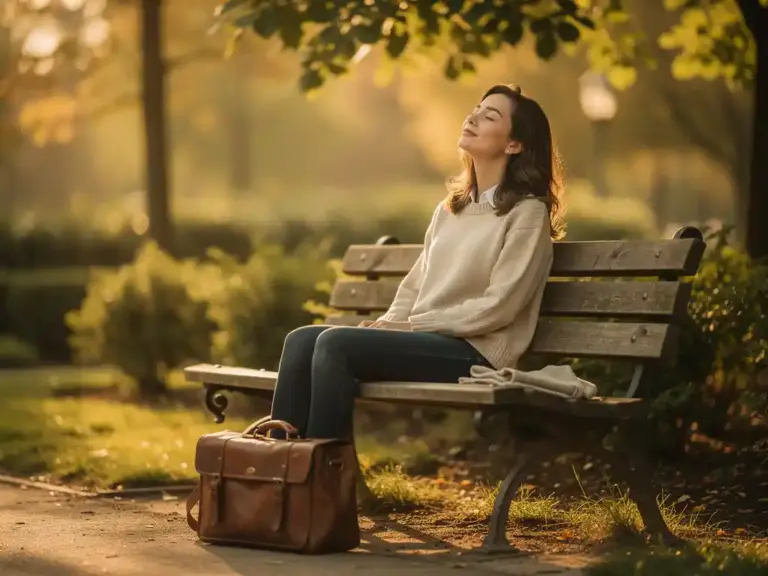 Woman on a sunlit park bench, eyes closed and face lifted toward warm morning light, shoulders relaxed, leather work bag at her feet.