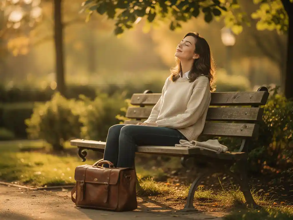 Woman on a sunlit park bench, eyes closed and face lifted toward warm morning light, shoulders relaxed, leather work bag at her feet.