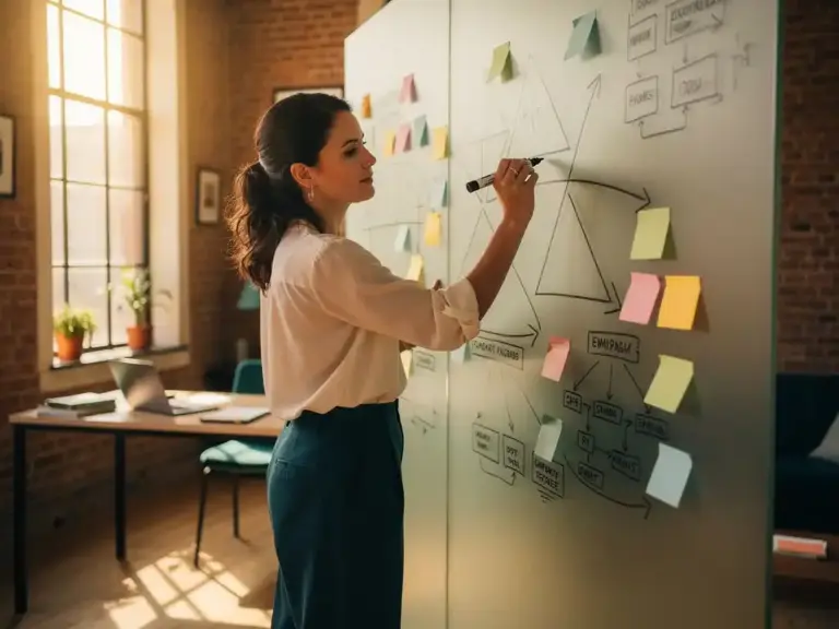 Woman sketching geometric diagrams on a frosted glass wall surrounded by sticky notes and empathy maps in a sunlit Amsterdam studio.