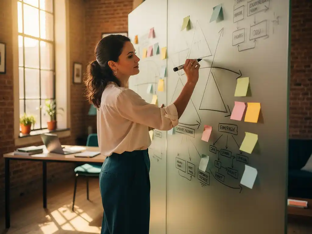 Woman sketching geometric diagrams on a frosted glass wall surrounded by sticky notes and empathy maps in a sunlit Amsterdam studio.