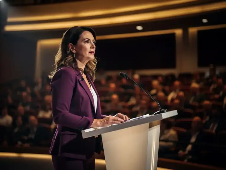 Confident woman speaking at a sleek podium under warm stage spotlight in a softly blurred modern auditorium.