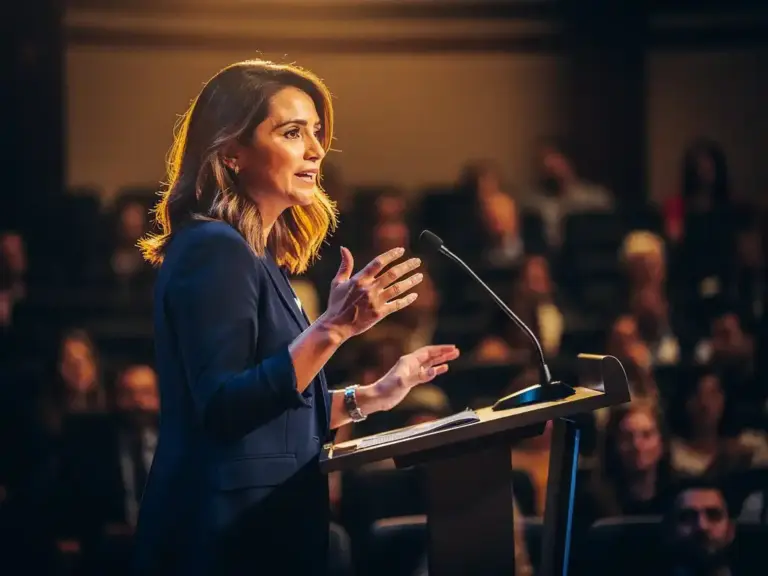 Confident woman delivering a speech at a sleek podium, gesturing expressively under warm golden light with an engaged audience in the background.