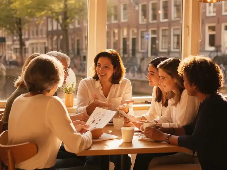 Diverse women sharing notes at a sunlit Amsterdam café table, canal-side brick architecture visible through large windows in warm afternoon light.