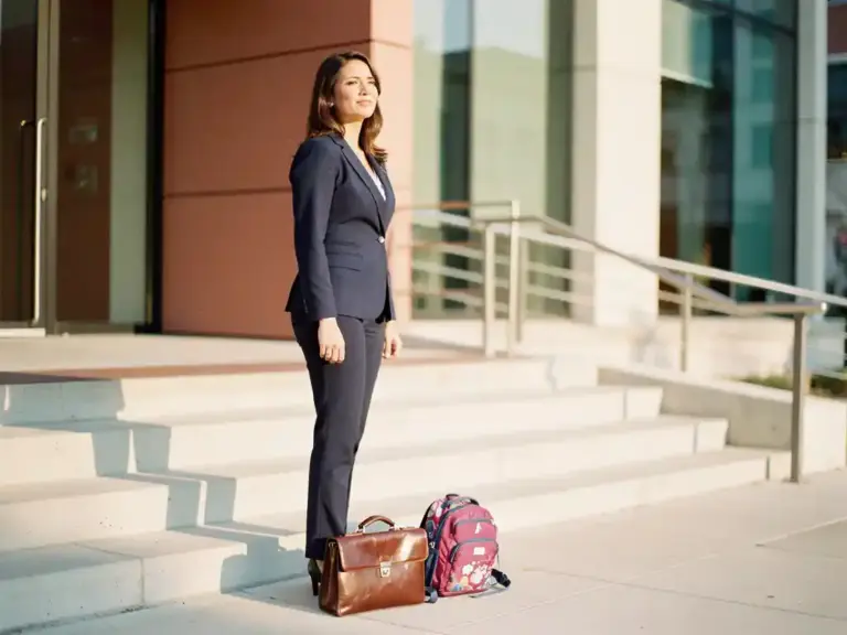 Professional woman in blazer pausing at office entrance, child's backpack beside her briefcase on sunlit concrete steps.