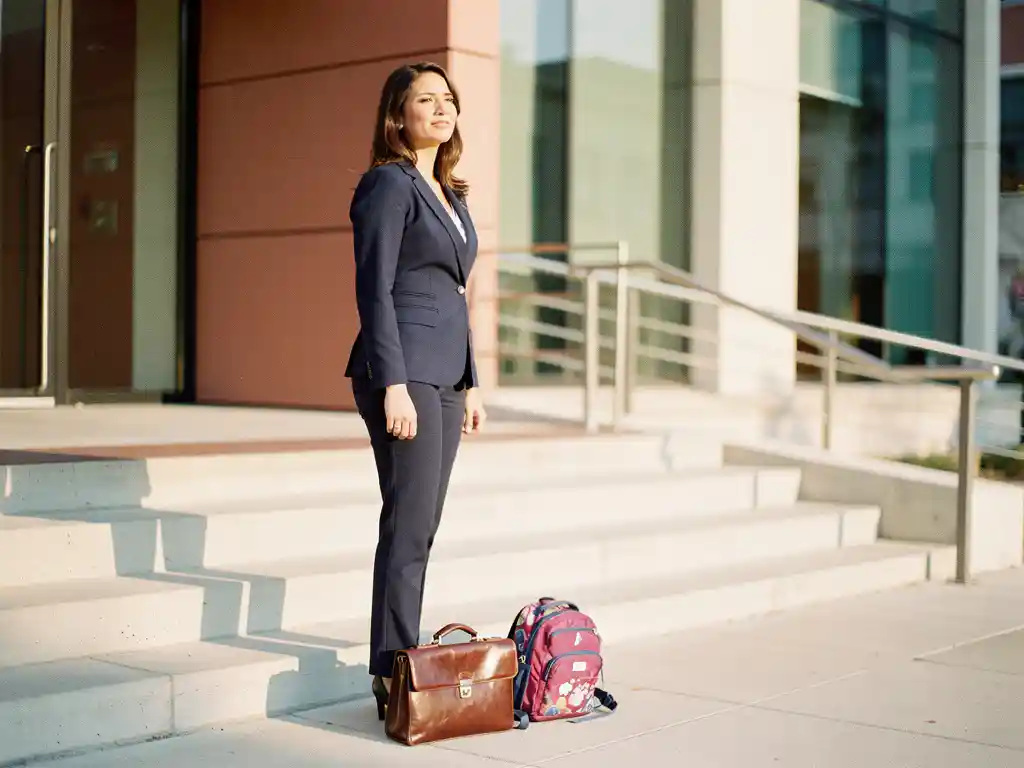 Professional woman in blazer pausing at office entrance, child's backpack beside her briefcase on sunlit concrete steps.