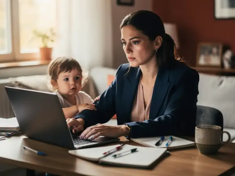 Professional mother in navy blazer working on laptop at home desk while toddler tugs her sleeve, warm afternoon light, scattered notebooks nearby.