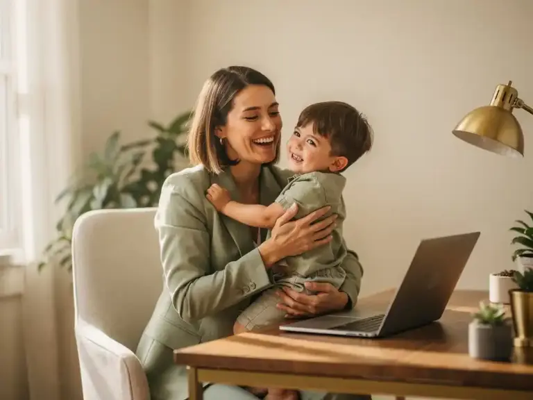 Working mother in blazer laughing with young child on her lap in a sunlit home office with sage green and warm ivory tones.