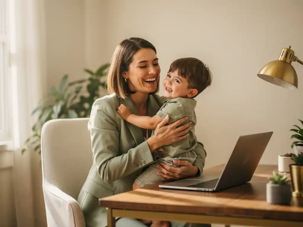 Working mother in blazer laughing with young child on her lap in a sunlit home office with sage green and warm ivory tones.