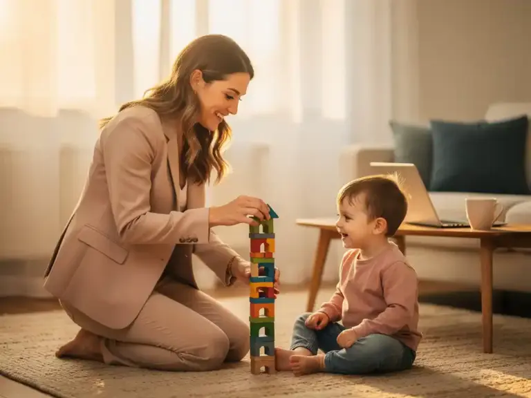 Professional woman in a blazer stacking colorful wooden blocks with a toddler on a living room floor, laptop and coffee nearby.