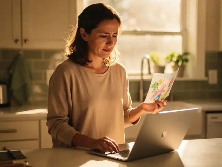 Working mother pausing at a sunlit kitchen counter, holding her child's drawing beside a laptop, warm amber afternoon light softening her thoughtful expression.