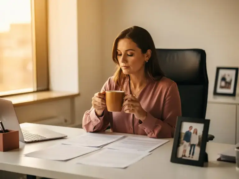 Working mother cradling a coffee mug while reviewing documents at a sunlit office desk, family photo nearby, warm morning light.