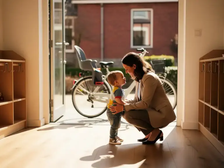 Working mother in a tailored blazer crouching beside her toddler at a sunlit Dutch daycare entrance, bicycle with child seat visible behind them.
