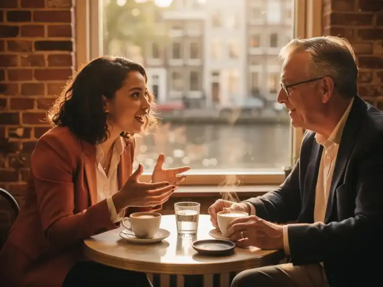 Young woman and older mentor sharing an animated coffee conversation at a sunlit Amsterdam café with warm brick walls and canal light.