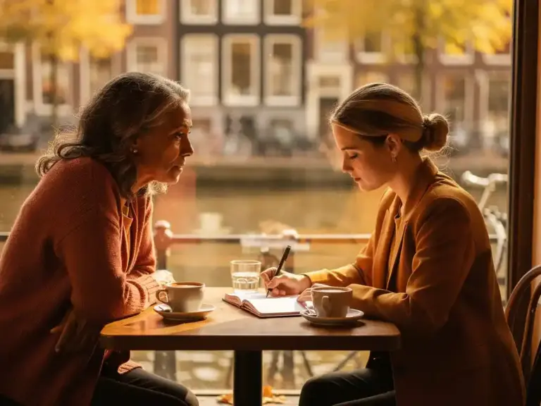 Two women in a cozy Amsterdam canal-side café, mentor leaning forward as younger professional takes notes, warm amber autumn light.