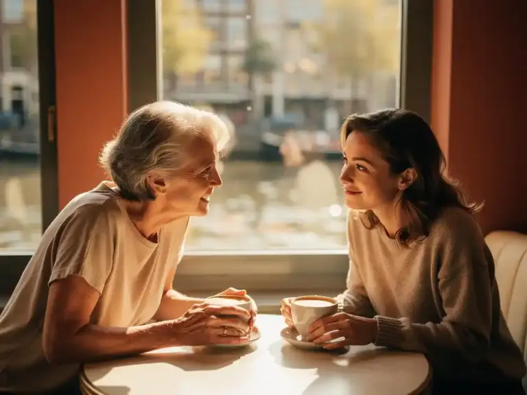 Two women sharing a mentorship conversation over coffee at a sunlit Amsterdam canal café, warm golden light streaming through large windows.