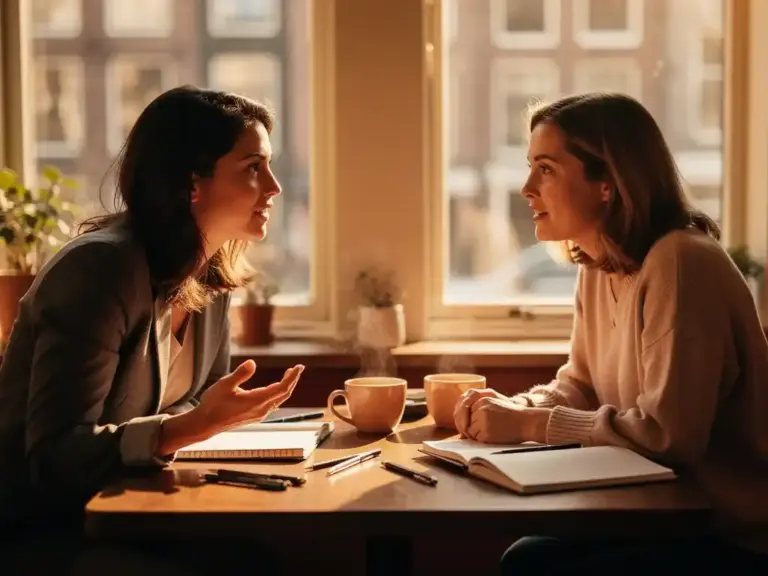 Two women in conversation at a sunlit Amsterdam café, one gesturing confidently while the other listens, notebooks and coffee cups on a wooden table.