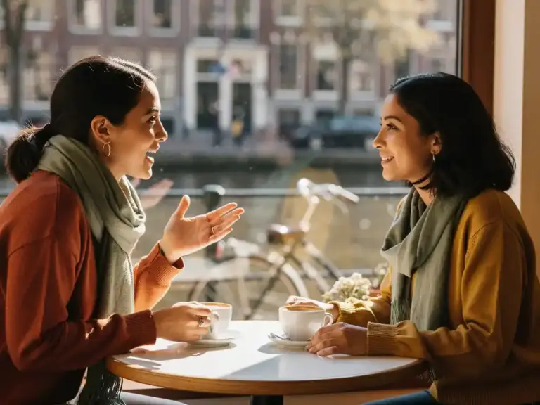 Two women from different cultures sharing a warm coffee conversation at a sunlit Amsterdam canal café, one gesturing expressively as the other listens.