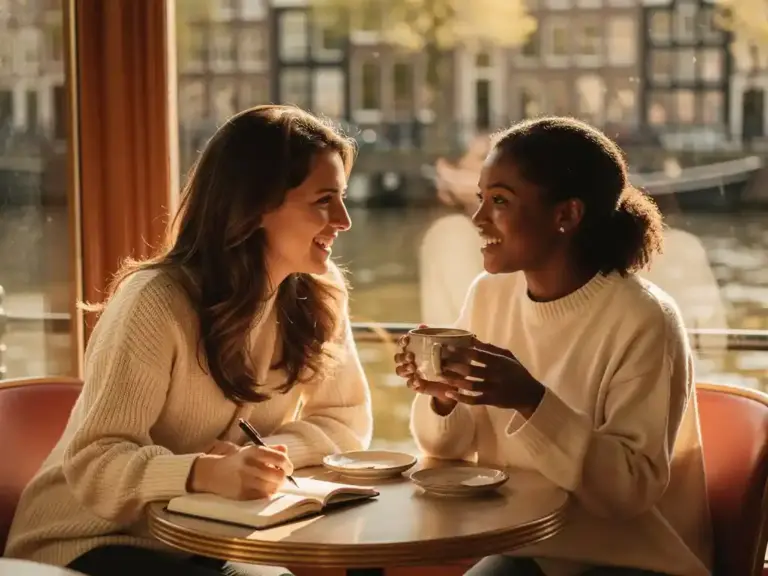 Two women from different cultures sharing a conversation over coffee at a sunlit Amsterdam café, one taking notes, canal visible in background.