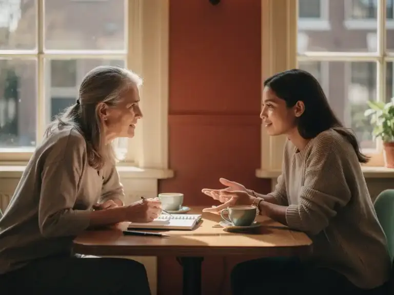 Two women in mentoring conversation at a wooden café table in Amsterdam, with notebook and coffee cups, bathed in warm natural light.