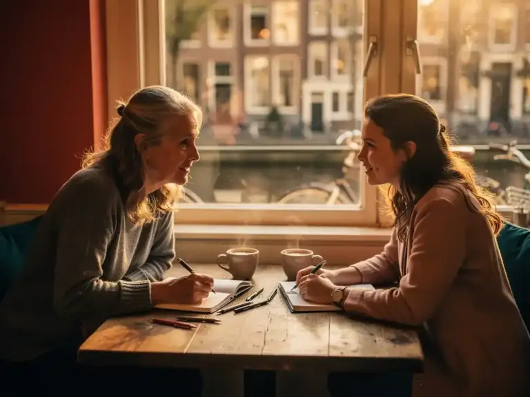 Two women in a cozy Amsterdam café mentoring over notebooks and coffee, warm golden light filtering through a canal-side window.
