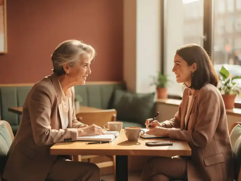 Two women in mentorship conversation at a cozy Amsterdam café, notebooks and coffee cups on a wooden table, bathed in warm afternoon light.