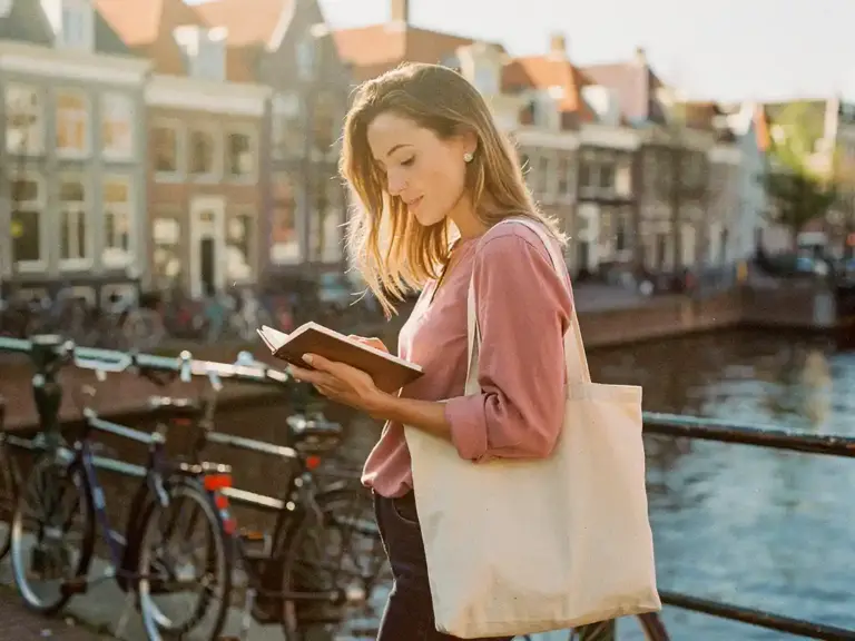 Woman consulting a notebook on a sunlit Amsterdam canal bridge, tote bag over shoulder, bicycles and terracotta rooftops softly blurred behind her.