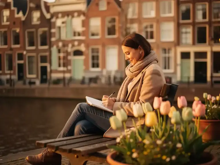 Woman journaling on a sunlit Amsterdam canal bench, wrapped in a scarf, with tulips and historic Dutch brick architecture nearby.