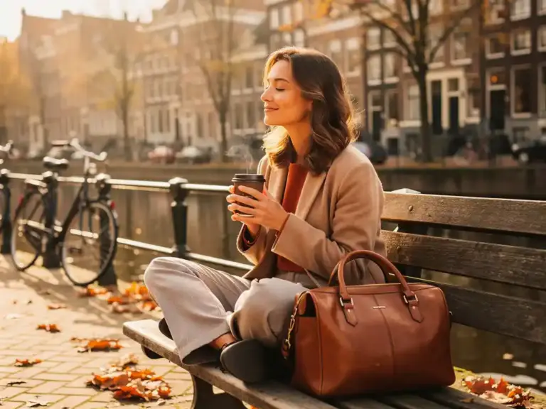 Woman sitting cross-legged on an Amsterdam canal bench, eyes closed, cradling a warm coffee cup amid golden autumn light and drifting leaves.