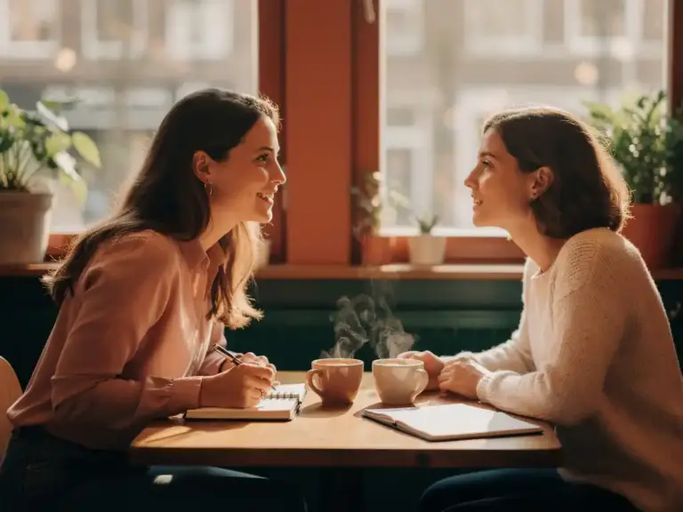 Two women in a sunlit Arnhem café sharing a mentoring session over notebooks and coffee at a wooden table.