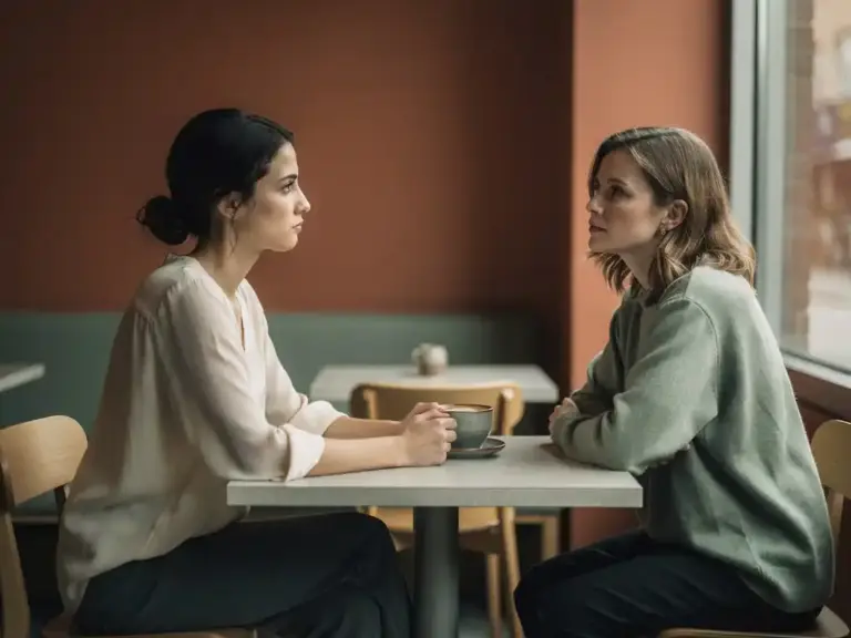 Two women sitting apart at a minimalist café table, one glancing toward a window, a half-finished coffee cup hinting at an awkward pause.
