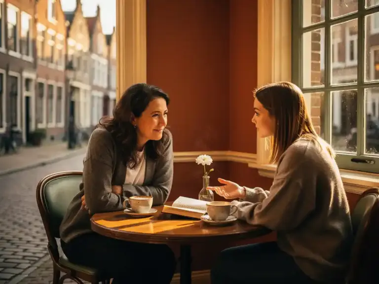 Two women at a sunlit Haarlem café, one sharing journal notes while the other listens attentively, warm afternoon light enhancing their mentorship connection.